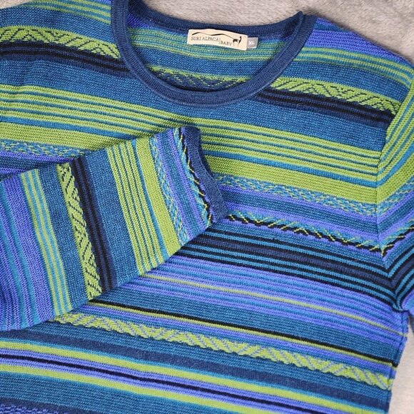 Suri Alpaca Baby Sweaters - Rare Vintage 90s Suri Baby Alpaca Sweater XL Bright Green Blue Stripe Peru Retro
